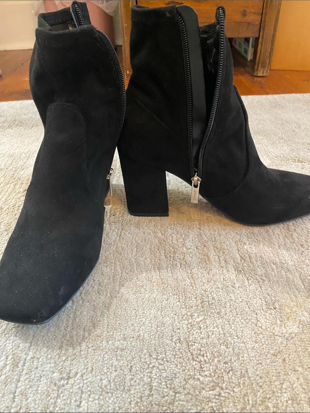 Unisa Black Suede Block Heel Ankle Booties with Side Zipper
